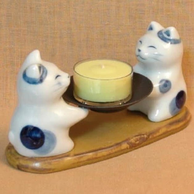 Candle Holder Pair - Japanese Porcelain Cat Neko Rousokutate product image (1)