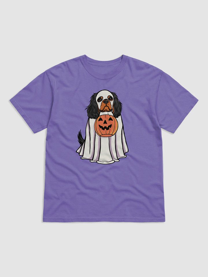 Funny Halloween Cavalier King Charles Spaniel(Black & Tan) T-Shirt | Funny Cavalier Wearing a Ghost Costume and Holding a Pumpkin Basket product image (1)