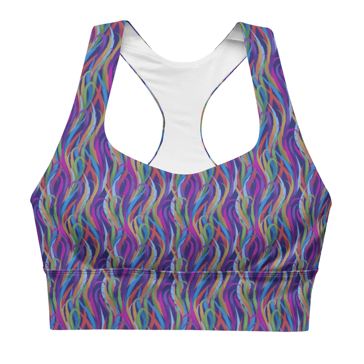 Longline sportsbra with  modern colorful design in magenta mauves on black product image (2)
