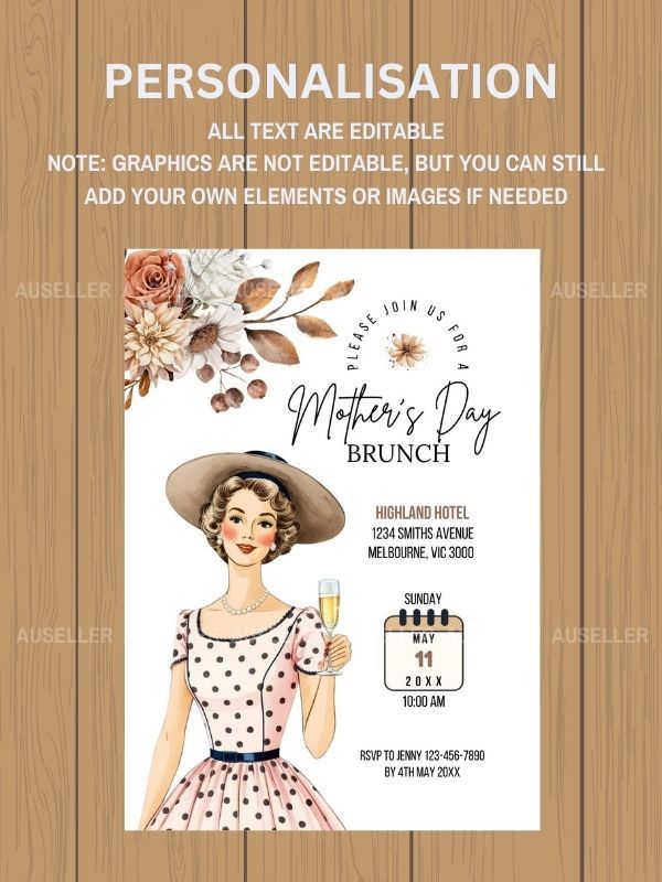 Mother's Day Brunch Invitation Bundle - Lady With Hat And Polka Dot Dress product image (6)