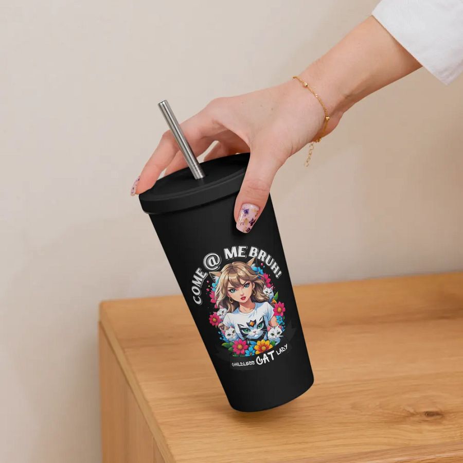Childless Cat Lady 20 oz Tumbler Cup - Black - Insulated Tumbler with a Straw product image (6)