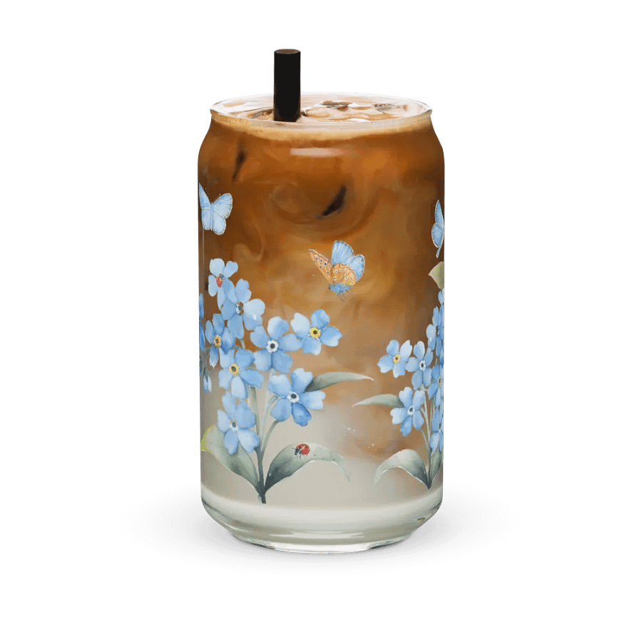Forget-Me-Not Whispers Glass Can Tumbler | 16oz Eco-Friendly Botanical Drinkware | Blue Blossoms & Butterflies Design product image (6)