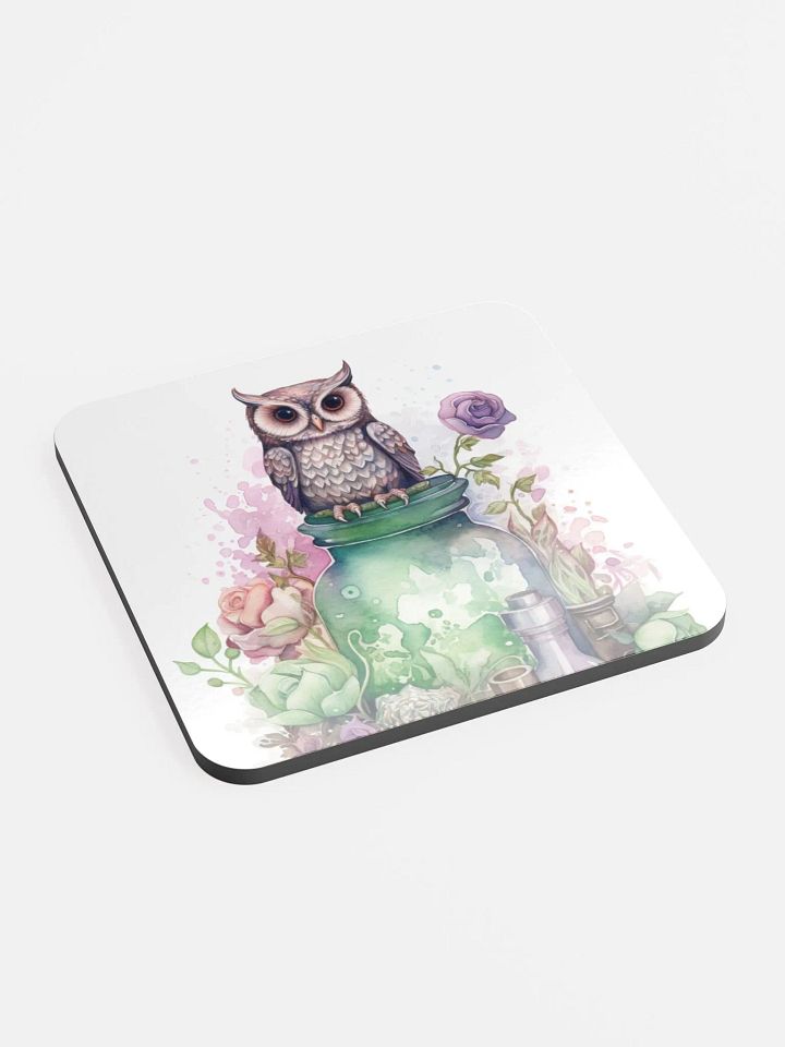 Glossed Cork Coaster 🦉 Peaceful Green with a Hint of Pink - Owls Vibes - Motif 2 product image (2)