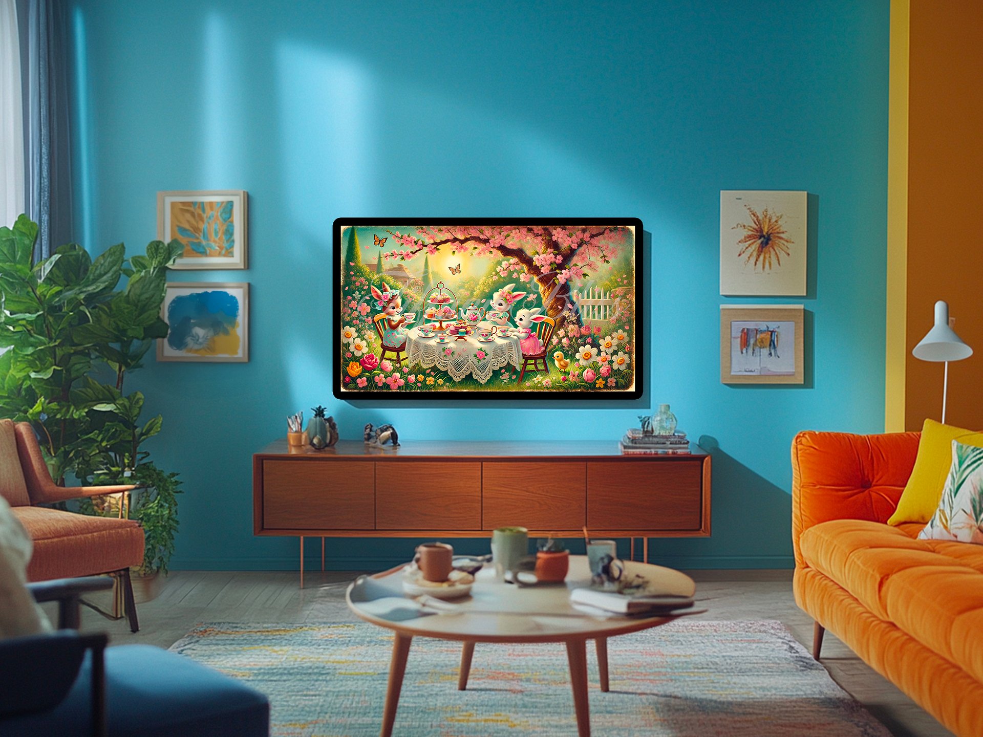 Spring Bunny Samsung Frame TV Art, Tea Time Easter Painting - Digital Download Wallpaper product image (3)