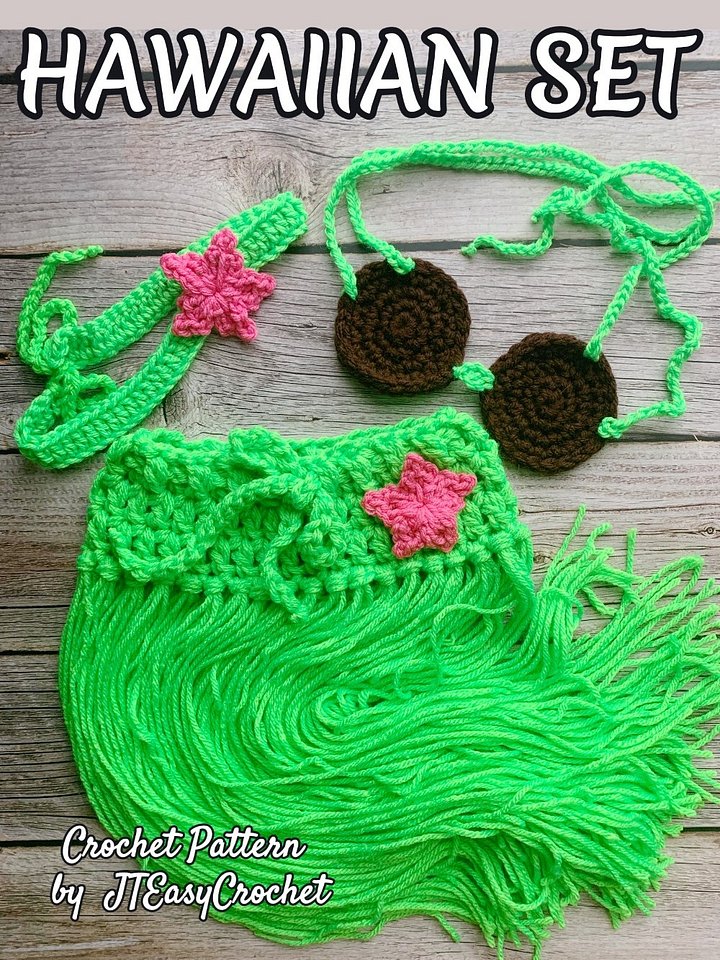 Hula Dancer Set Crochet Pattern Hawaiian Baby Photo Prop Outfit Grass Skirt Coconut Bra Hawaii Party Costume product image (1)