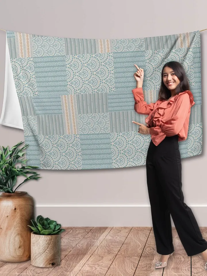 Boho Botticelli Blue Patchwork Throw Blanket product image (1)