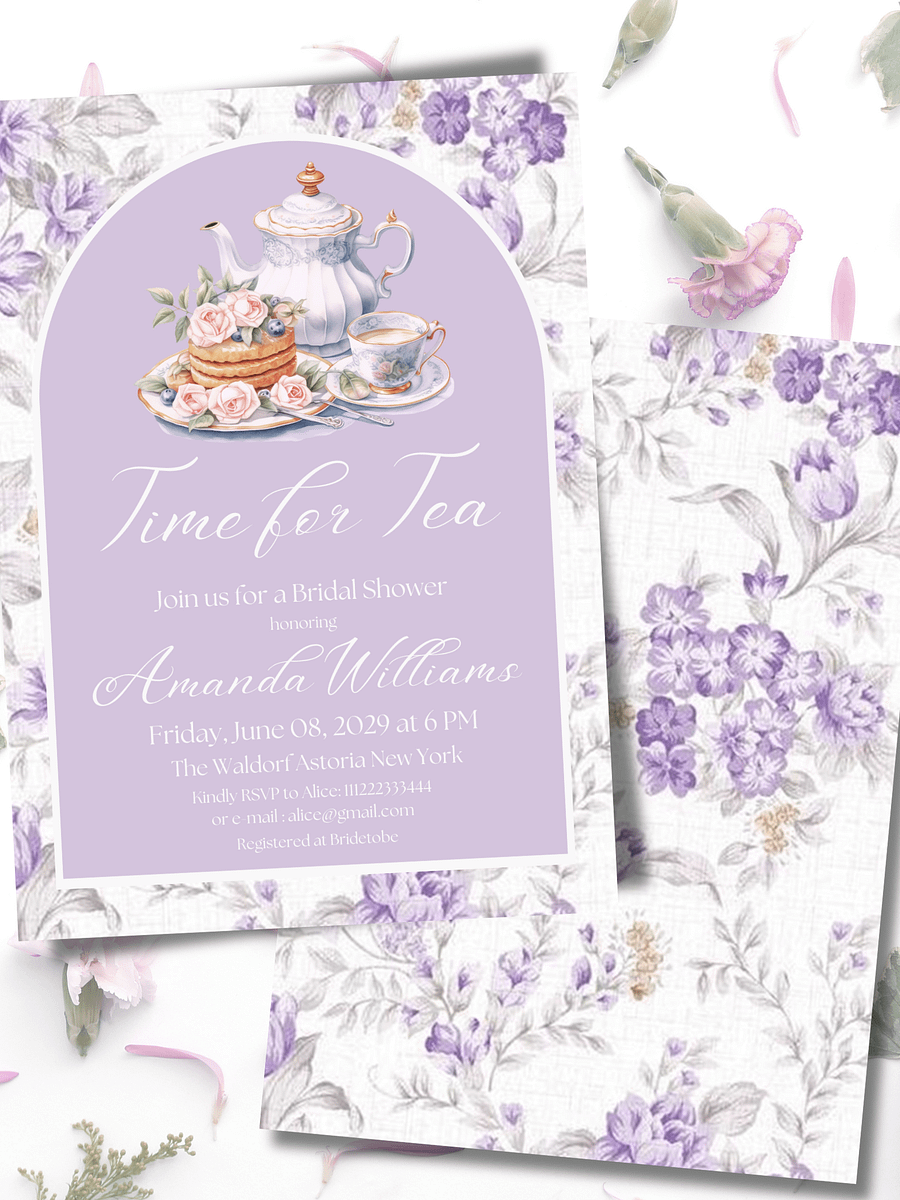 Tea Party Bridal Shower Canva Template Invite, Floral Purple Theme Printable Time for Tea Lavender Brunch Invitation | Digital Prints product image (3)