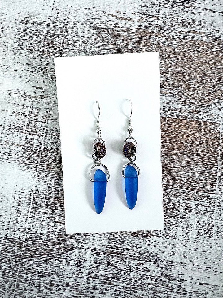 Sea Glass Drop Earrings | Medium Blue & Blush-Tone Sparkle Beads | Handmade Coastal Charm Jewelry by Monique Faella Designs™ | MFD-00111 product image (1)