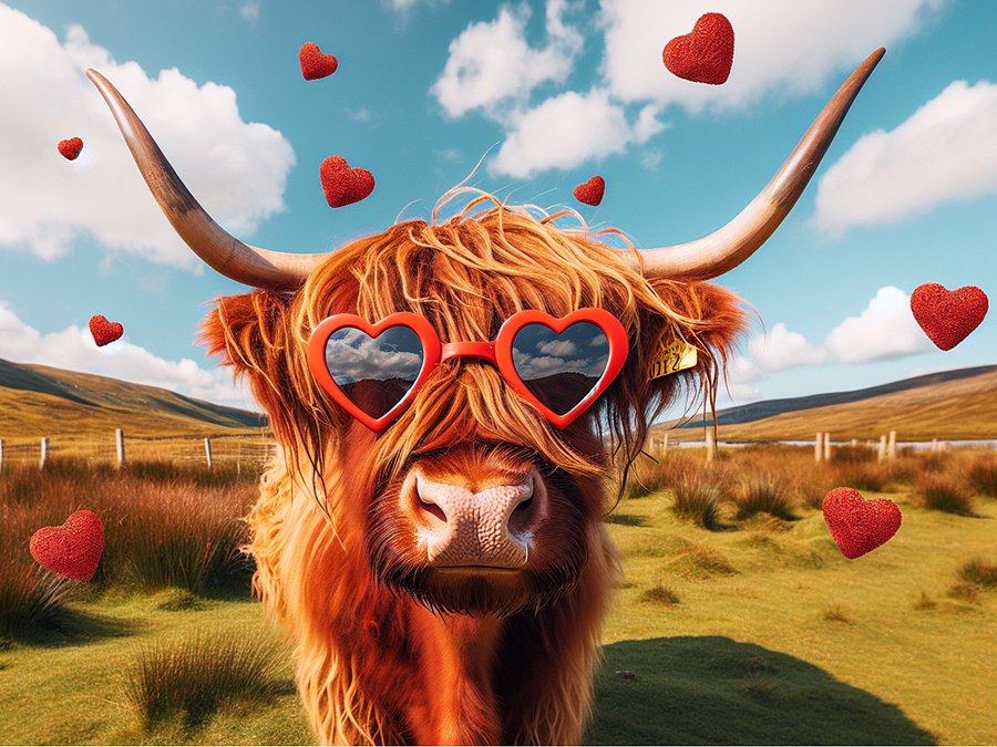Highland Cow Wearing Red Heart Sunglasses product image (1)
