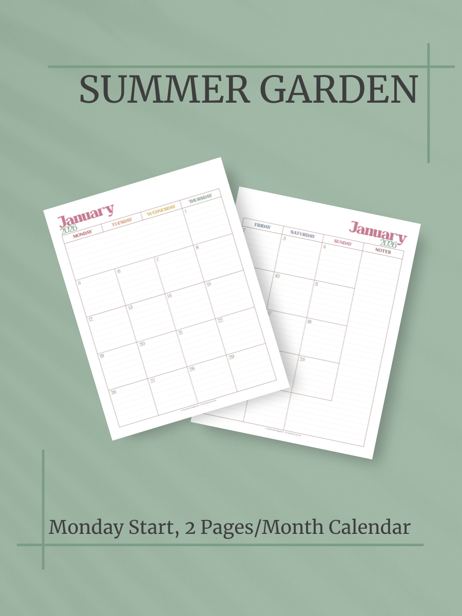 Summer Garden 2026 Calendar - 2 Pages per Month, Monday Start, Letter Size product image (1)