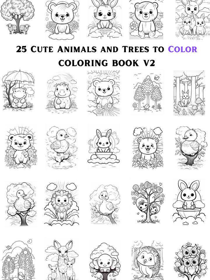 25 CUTE ANIMALS AND TREES TO COLOR 🎨 PRINTABLE ANIMALS COLORING BOOK V2🖍 product image (1)