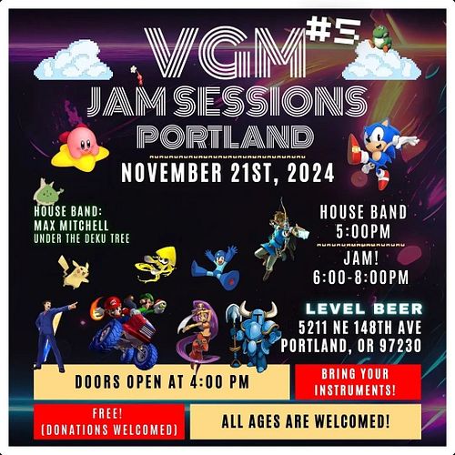 Did ya hear??
We're back with our 5th VGM Jam Session @levelbeer 

This month's house band will be led by Max Mitchell on Bas...