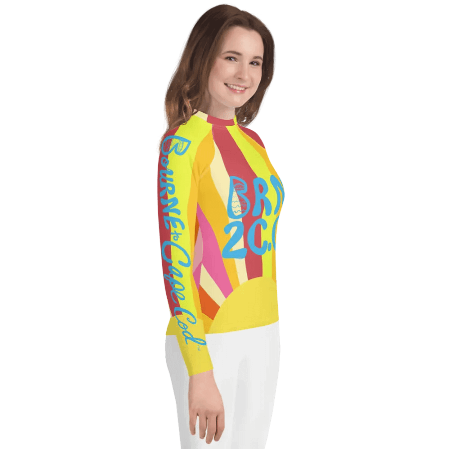 Girls' | YOUTH | Rash Guard | BRN.2C.C.™ Front Graphic | BOURNE to Cape Cod™ Sleeve & Back Logo | Coastal Swim Shirt for Kids | UV Protection Activewear | Blue Logo | Colorful Sun product image (4)