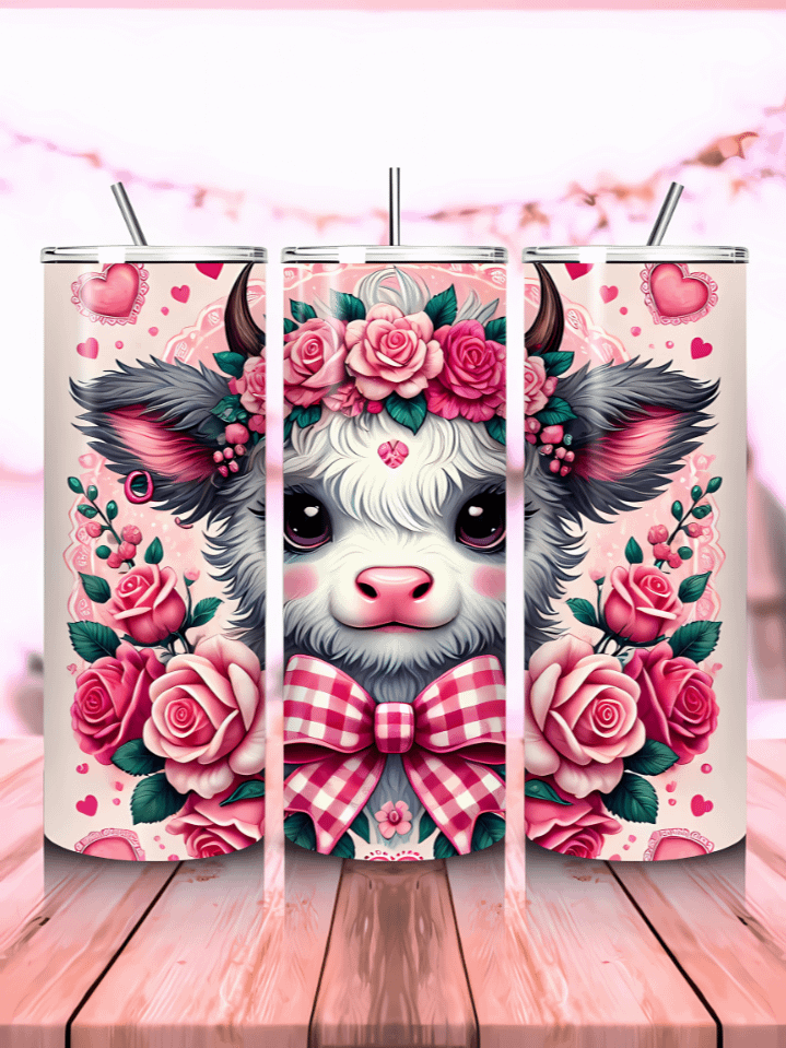 Happy Valentine Highland Cow 20 oz Skinny Tumbler Wrap – seamless cow sublimation PNG design, instant digital download product image (1)