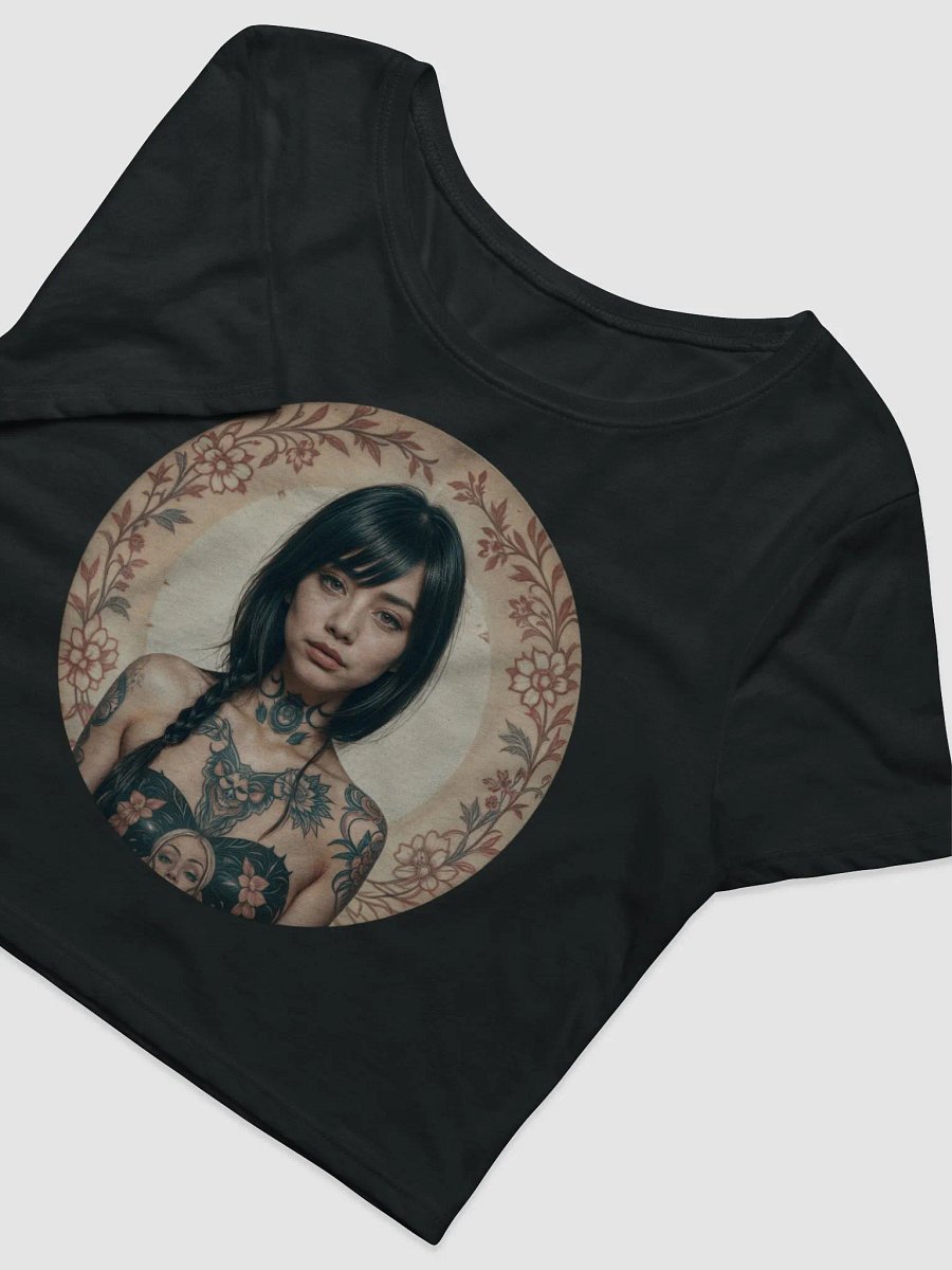 A woman with tattoos on her chest and arms, framed by a floral design product image (8)