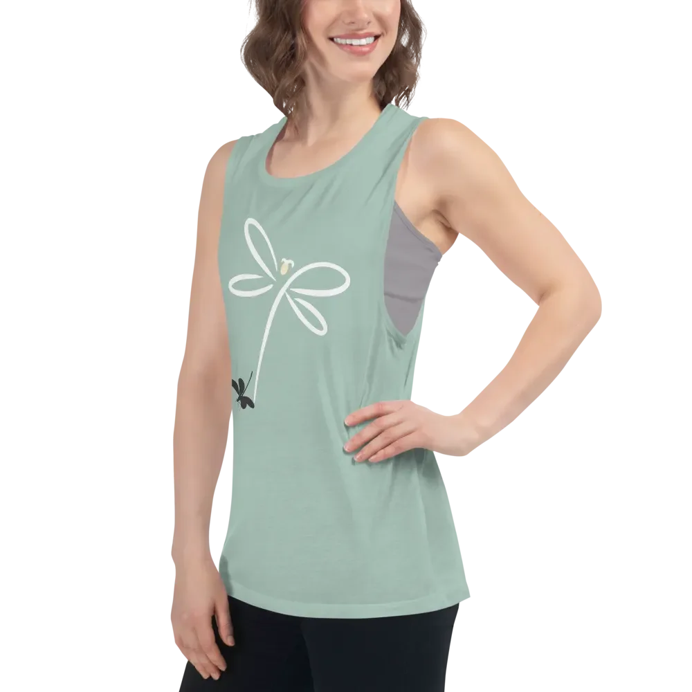 Womens flowy muscle tank top with stylish dragonfly design. Minimilist style product image (6)
