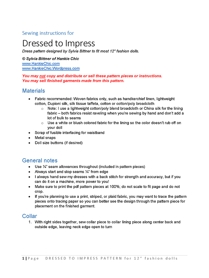 Dressed to Impress sewing pattern for 12" fashion dolls product image (2)