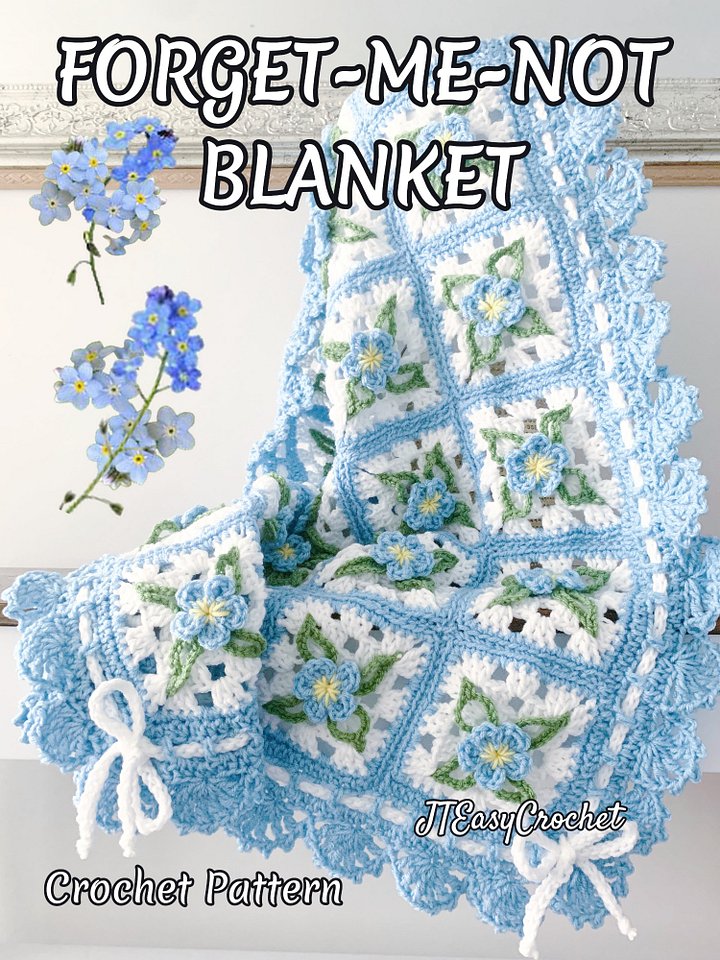 Forget-Me-Nots Crochet Flower Granny Square Baby Blanket, PDF Instant Download Crochet Pattern product image (1)
