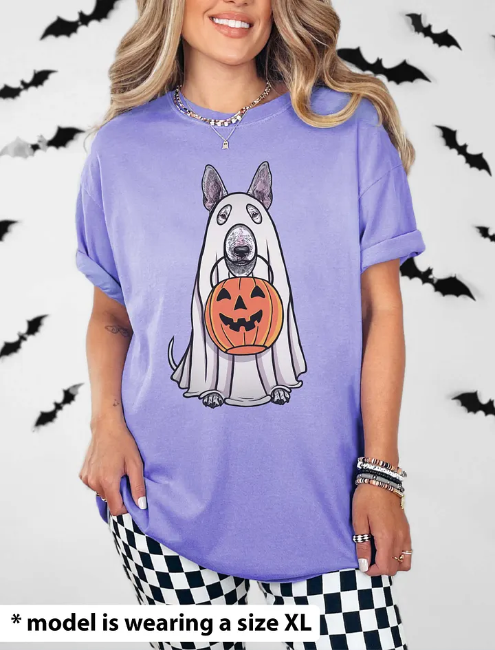 Funny Halloween Bull Terrier T-Shirt | Funny Dog Wearing a Ghost Costume and Holding a Pumpkin Basket product image (24)