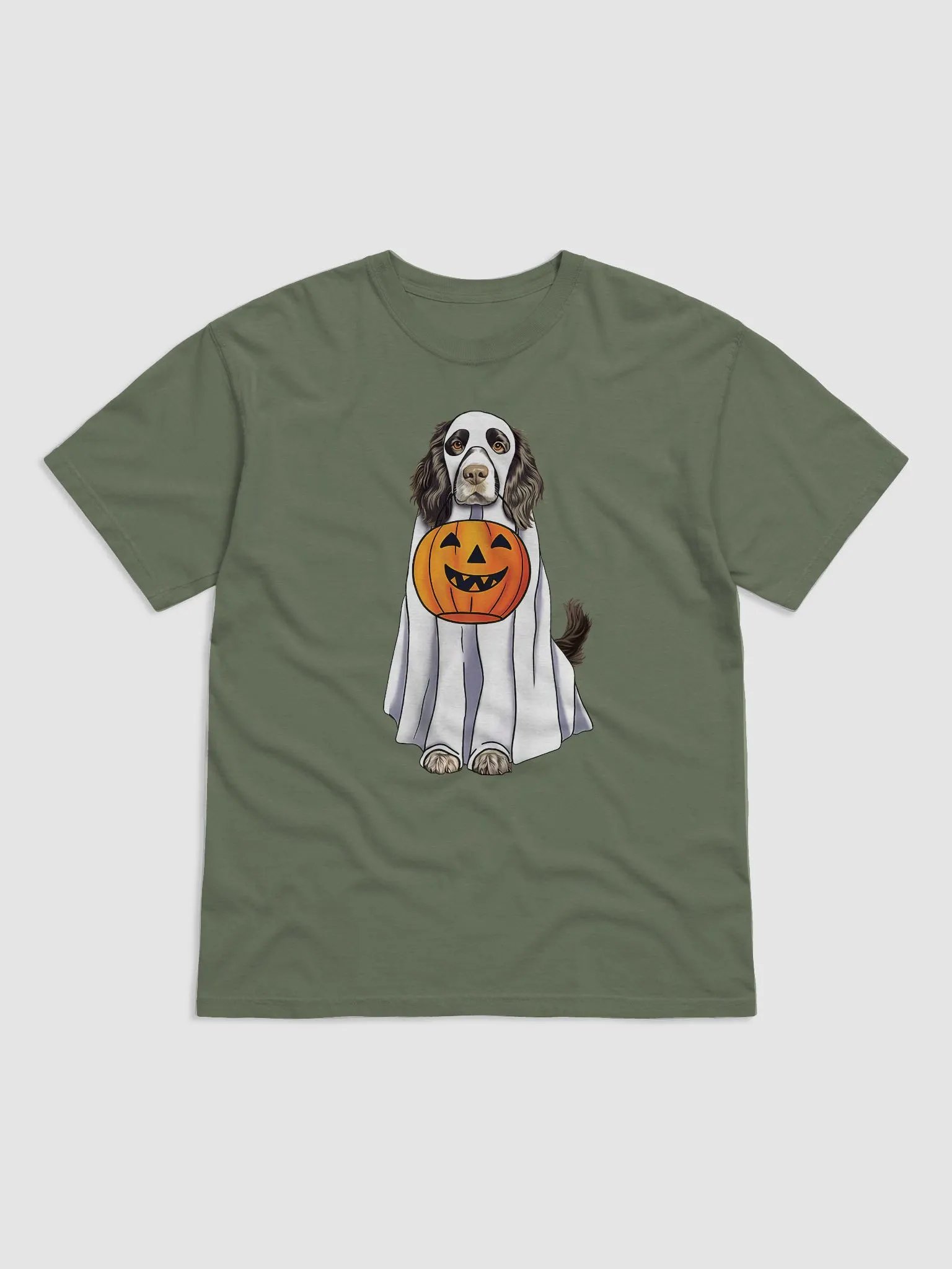 Springer Spaniel(Black) Halloween Tee | Funny Fall & Halloween Spaniel Wearing Ghost Costume w/ Pumpkin Basket product image (2)