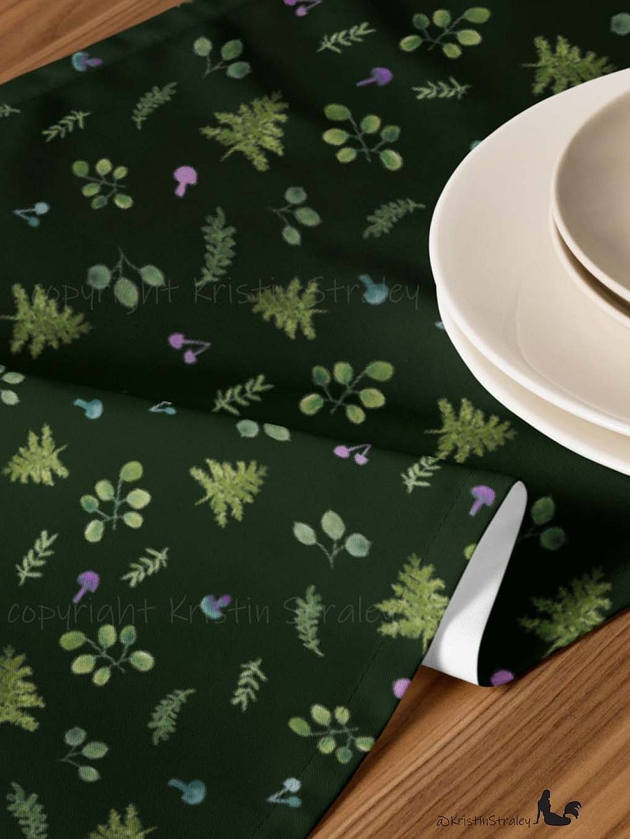 Woodland Ferns & Mushrooms on Dark Green Table Runner product image (6)