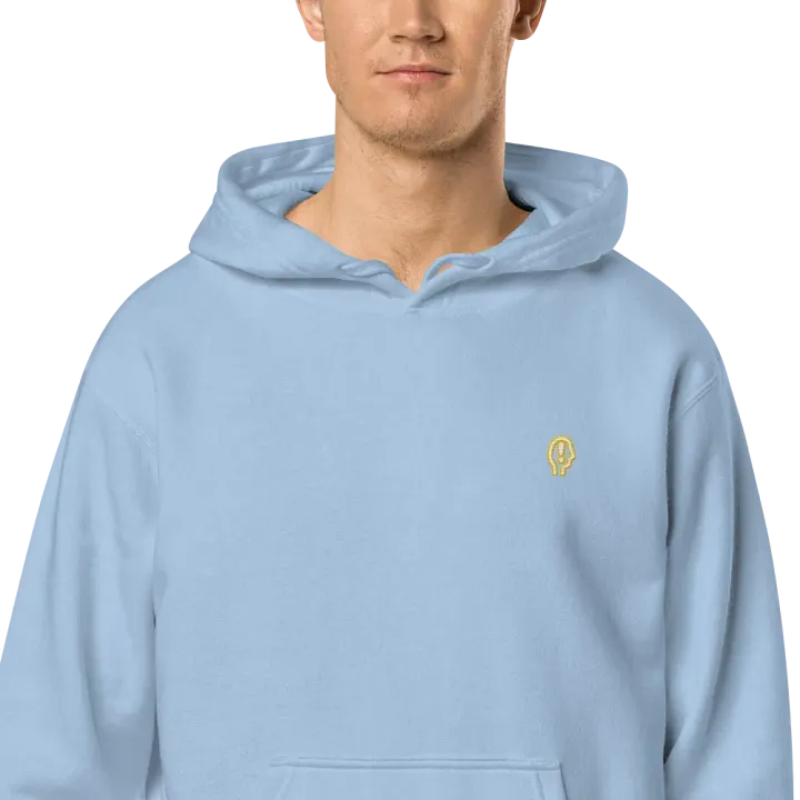 EXCLAIMING MENTALLY (sm. gold bubble design) embroidered pigment hoodie product image (2)
