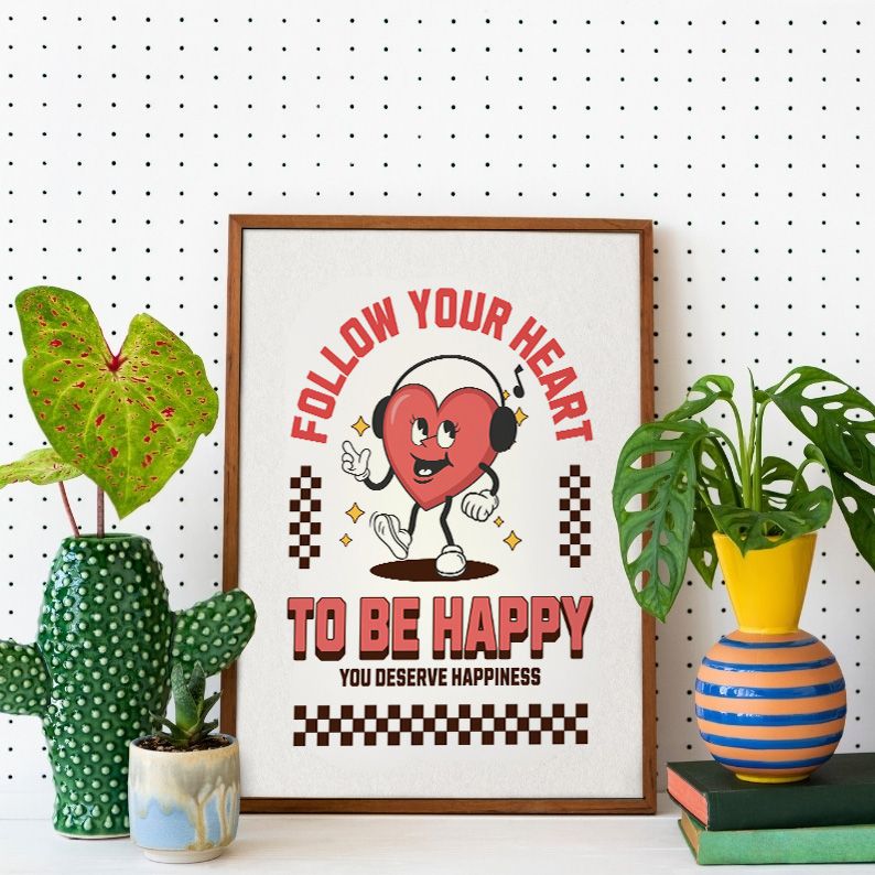 Follow Your Heart Happiness Quote & Vintage Heart Mascot Retro Art Print product image (5)