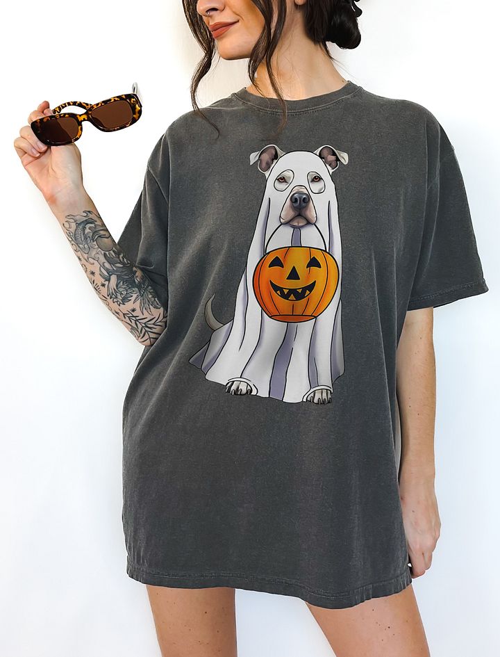 Pitbull(White) Halloween Tee | Funny Fall Halloween Staffordshire Wearing a Ghost Costume with Pumpkin Basket product image (6)