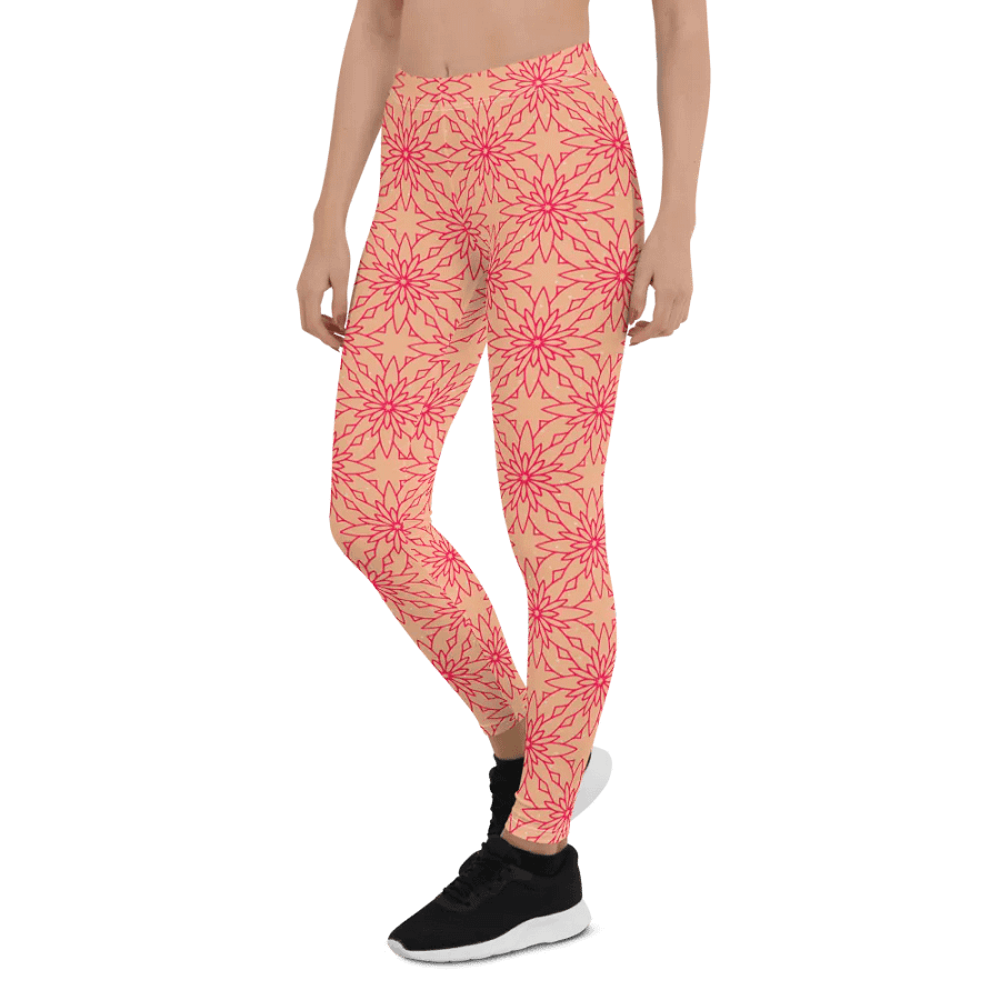 comfortable leggings in soft apricot with dark pink geometric   design for those that  like pattern elements. product image (6)