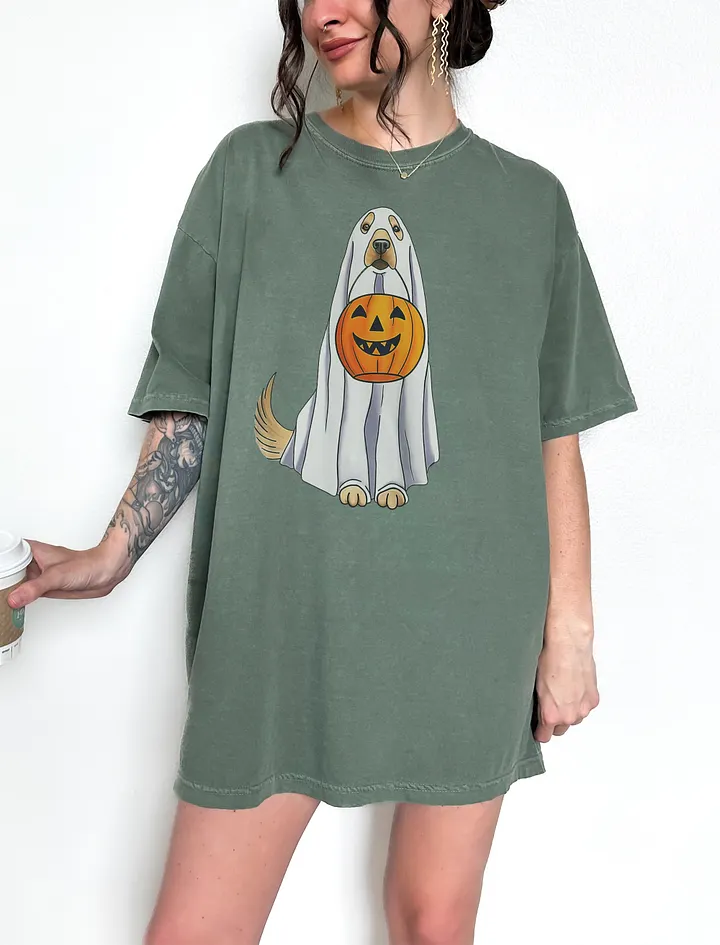 Funny Golden Retriever Halloween Tee | Cute Ghost Goldie Holding a Pumpkin Basket Halloween and Fall Shirt product image (1)