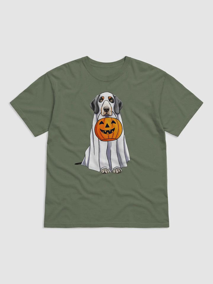 Bluetick Coonhound Halloween Tee | Funny Halloween Bluetick Wearing a Ghost Costume with Pumpkin Basket product image (2)