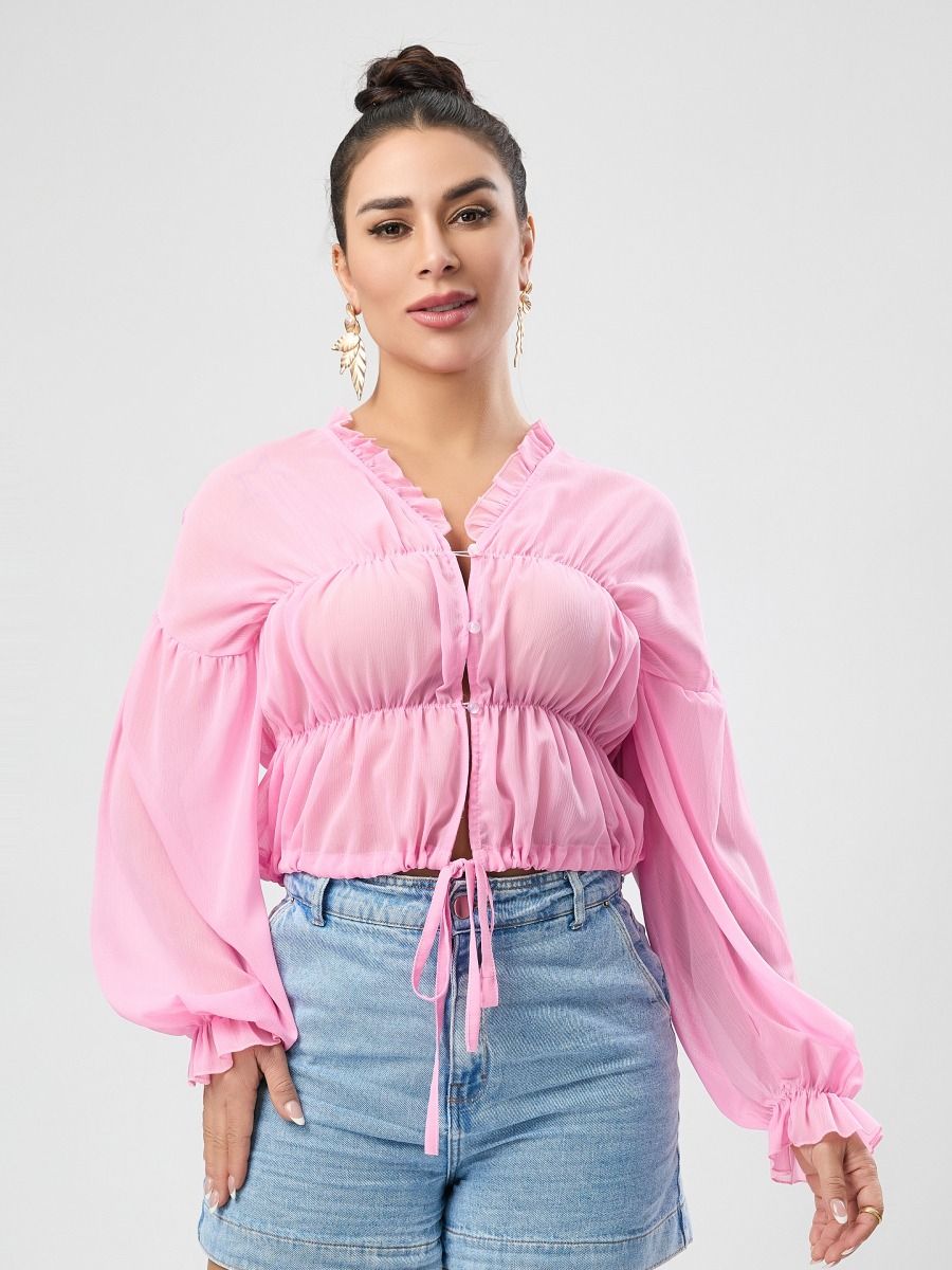 Sexy high quality non-stretch chiffon see through 4 colors v-neck drawstring top Wholesale product image (5)