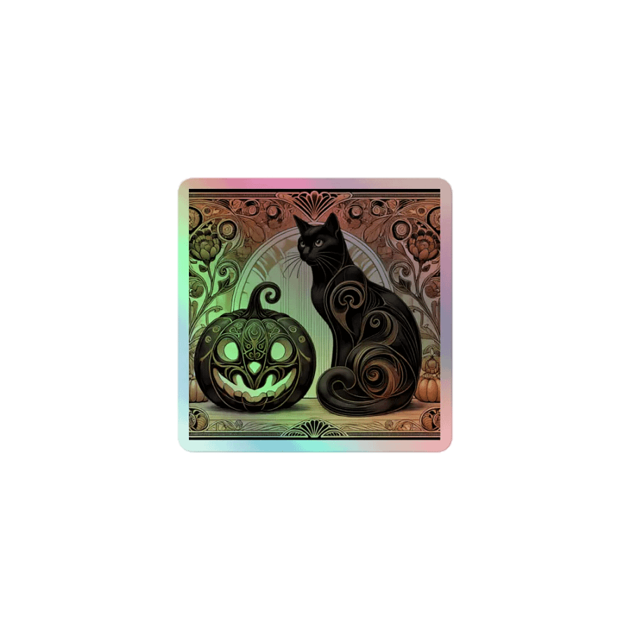 Art Nouveau Black Cat and Carved Pumpkin Vinyl Sticker – Halloween Elegance product image (1)