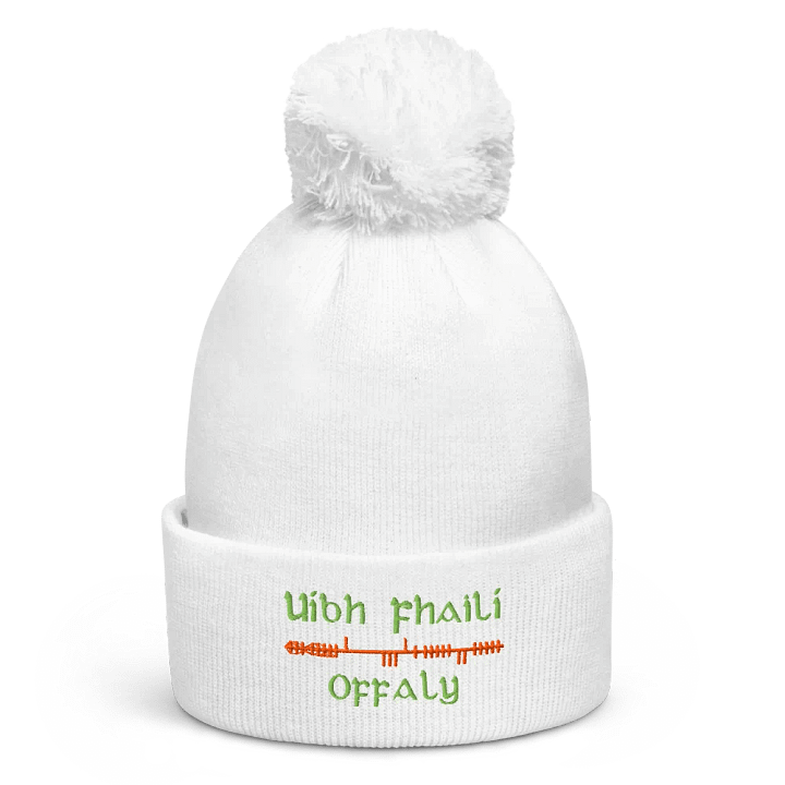 Offaly/Uíbh Fhailí Orthodox style Ogham, white with green and orange, embroidered Pom-Pom Beanie product image (1)