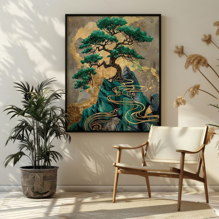 Emerald Green& Gold Kintsugi Bonzai Tree Japanese Art Print product image (20)