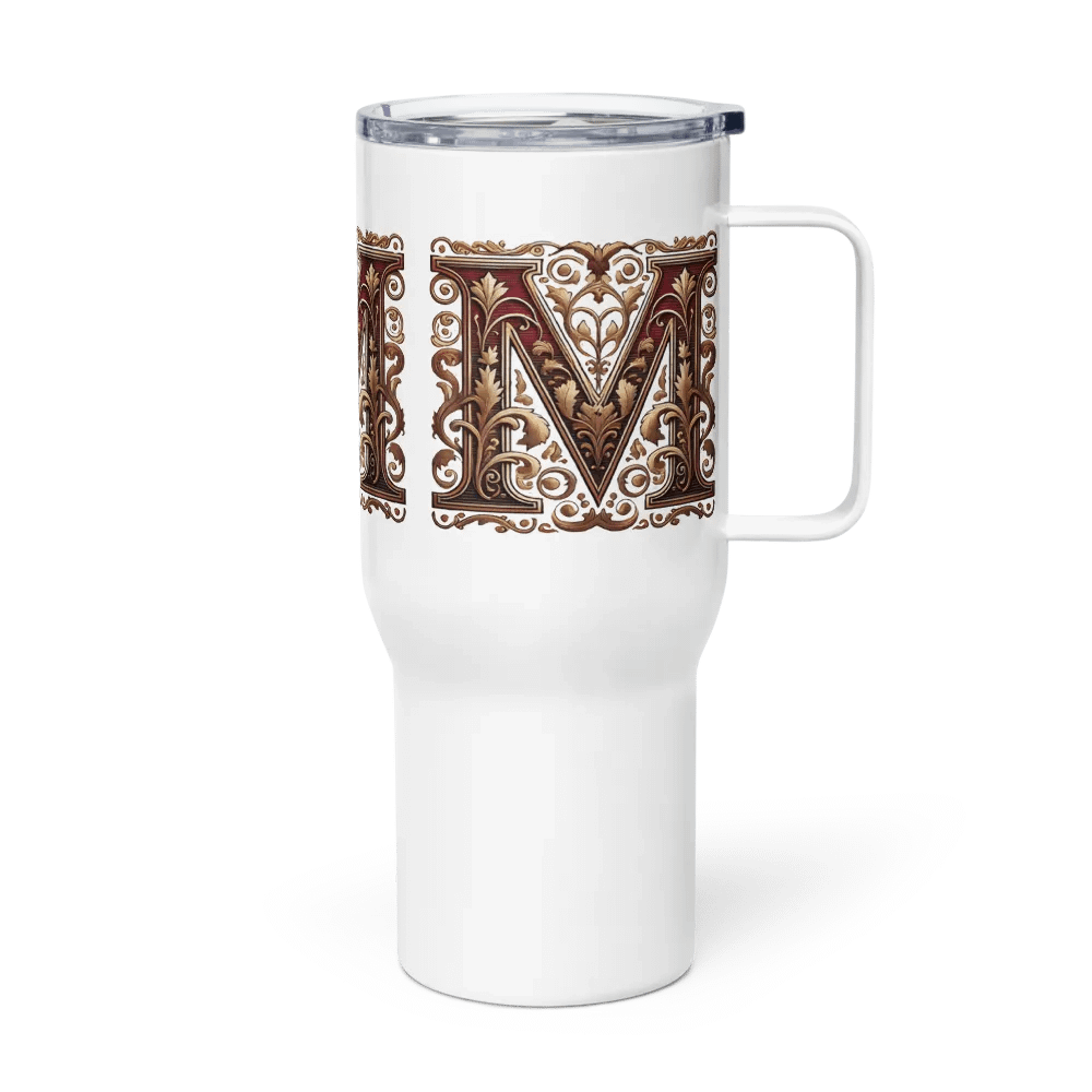 Victorian Ornate M Initial Travel Mug product image (4)