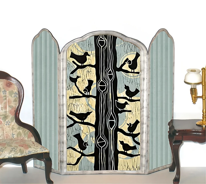 Birds on Branches Dollhouse Miniature Three Panel Room Screen 1:12 Scale N007b product image (1)