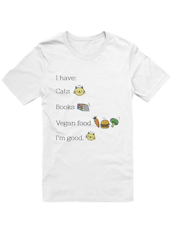 “Cats, Books, and Vegan Food” Unisex White T-Shirt product image (1)