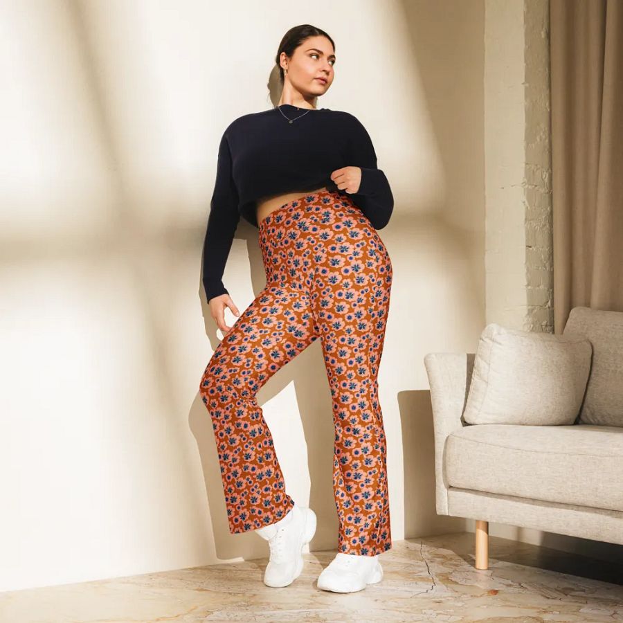 Burnt Orange and Blue Floral Flare Leggings product image (8)