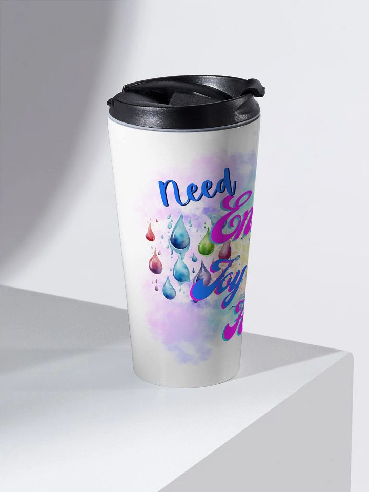 Travel mug with beautiful swirly blue water drop splash and drops design featuring ' Need  Energy Love Health