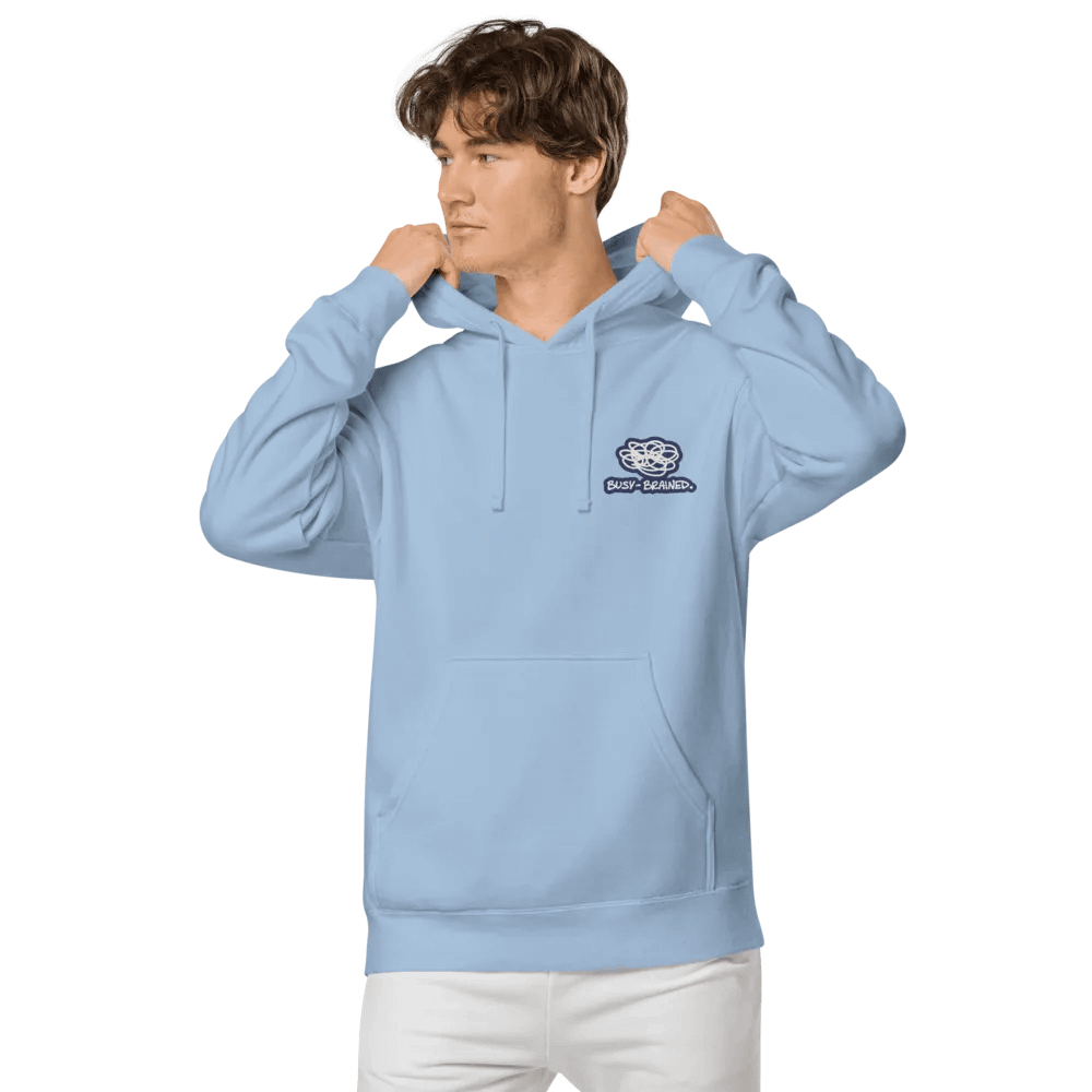 BUSY-BRAINED (L.C. navy bubble design 2) embroidered pigment hoodie product image (6)