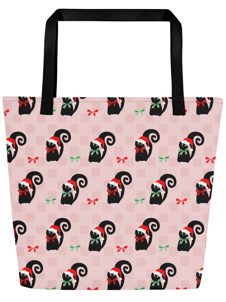 Black Christmas Kitties On Pink Checkerboard – Large Tote Bag product image (4)