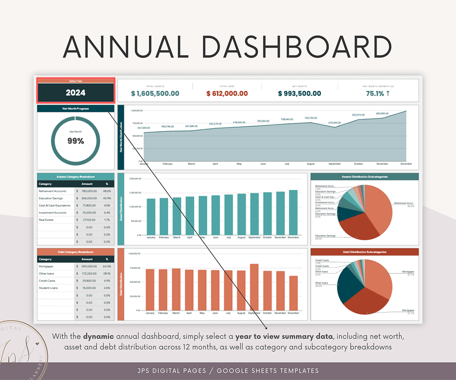 Net Worth Tracker Template, Multi-Year Dashboard Spreadsheet, Google Sheets Template, Net Worth Yearly Calculator, Investment Tracker product image (6)