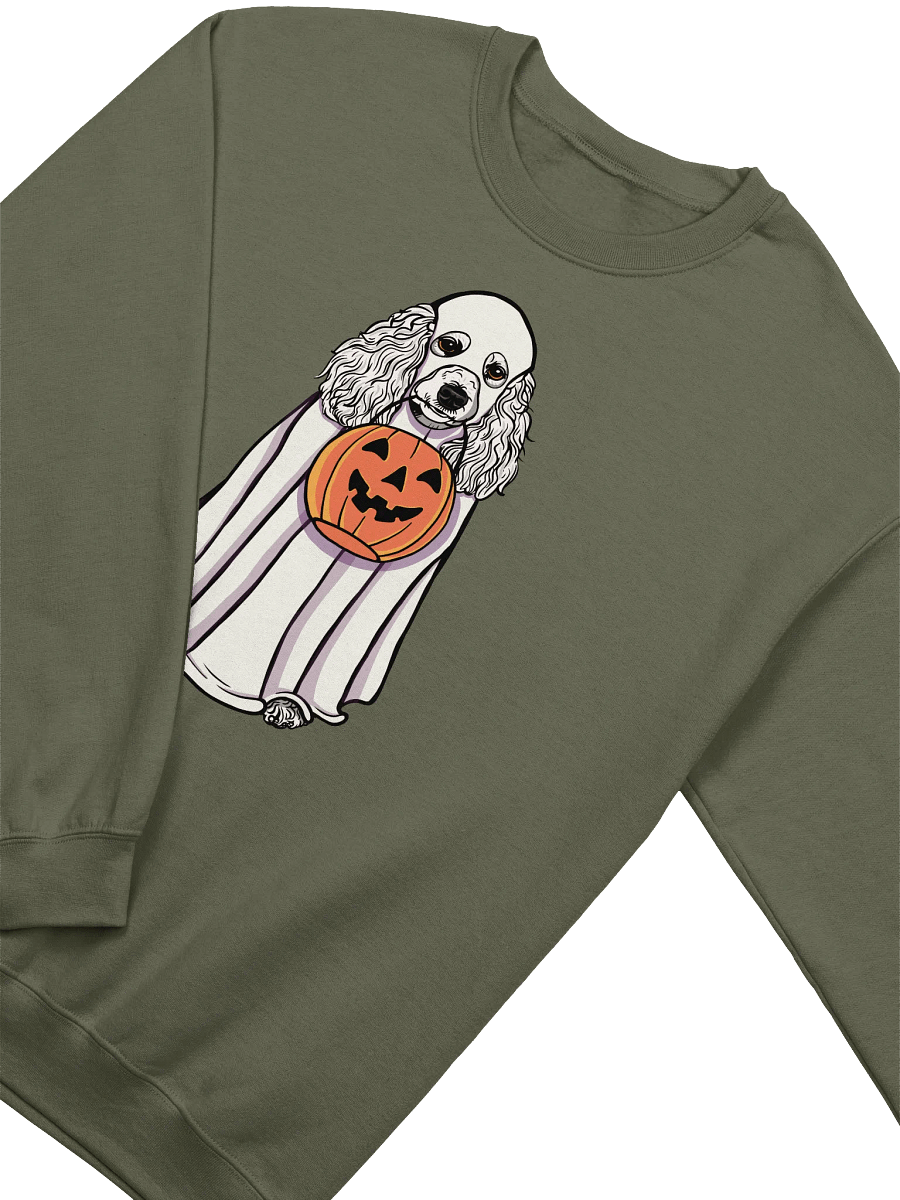 Funny Halloween Poodle(White) Sweatshirt | Funny Papillon Wearing a Ghost Costume and Holding a Pumpkin Basket product image (18)