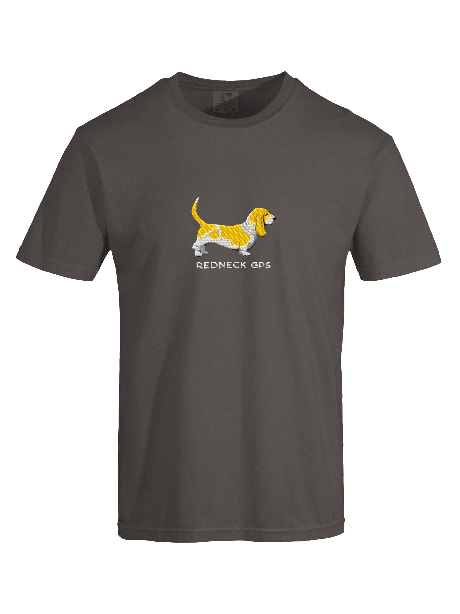 Redneck GPS T-Shirt(Embroidered) of a Basset Hound(Lemon & White) product image (42)