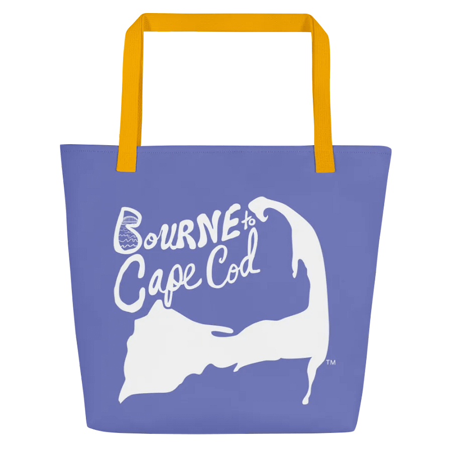 BOURNE to Cape Cod™ | Large Tote Bag with Pocket | Coastal Classic | All-Over Logo Print | White Logo on Slate Blue product image (2)