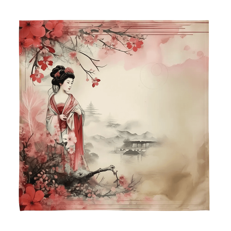 Beautiful Watercolor Japanese Geisha Sakura Tree