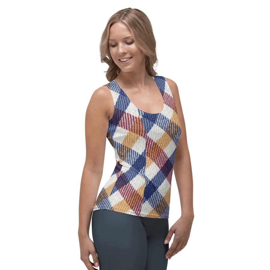 ALL-OVER PRINTED VINTAGE BLUE RED YELLOW CHECKERED PATTERN WOMEN'S TANK TOP product image (4)