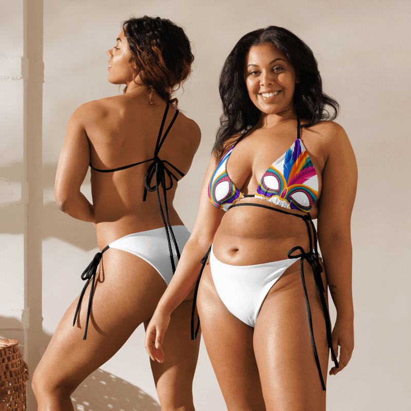 White Low Rise Cheeky String Bikini, Mardi Gras Top, White Bottoms product image (7)