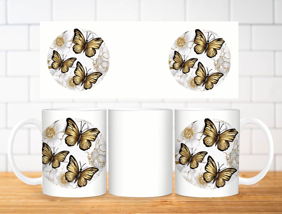 3D Gold Butterfly Mug Sublimation Design, 11oz & 20oz Mug Template, Mug Wrap Template PNG, Digital Download product image (2)